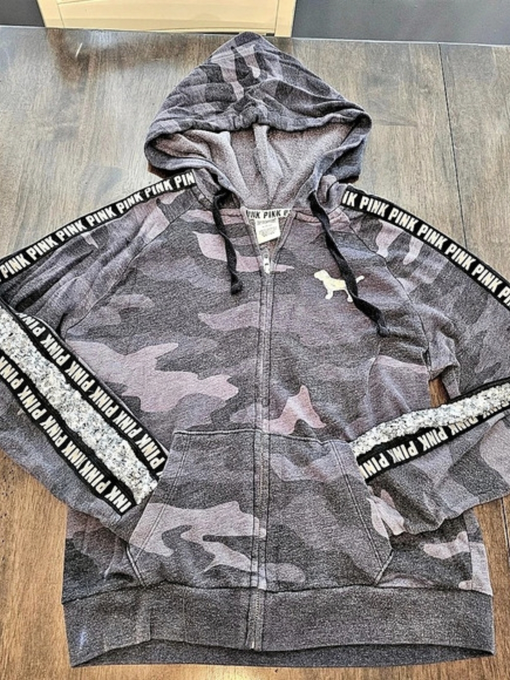 PINK Victoria's Secret Camo Sequin Sleeve Full Zip Hoodie Medium